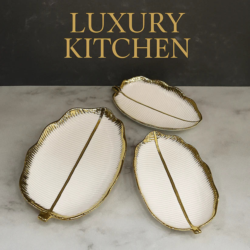 Porcelain Leaf Serving Platters - 3 Pcs Decorative Tray Set