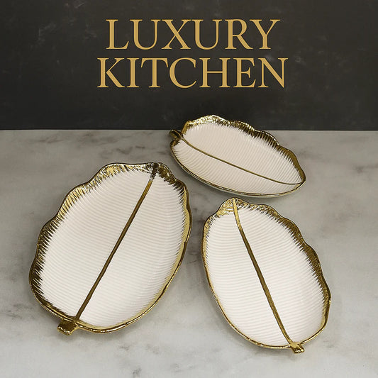 Porcelain Leaf Serving Platters - 3 Pcs Decorative Tray Set