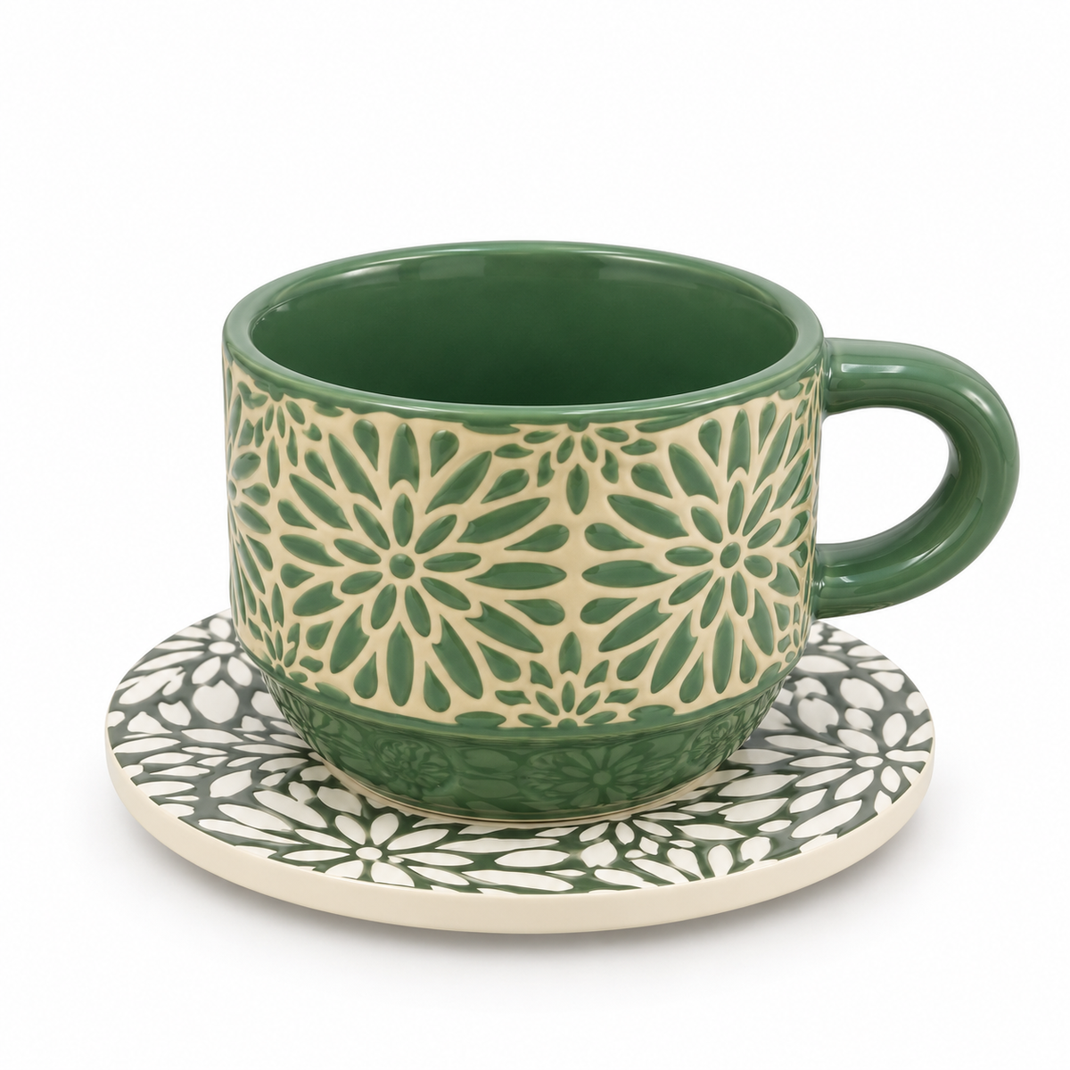Danny Home Ceramic 12-Piece Green Floral Pattern Cup & Saucer Set