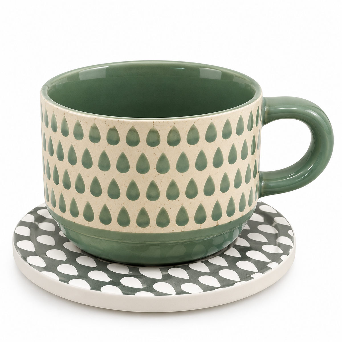 Danny Home Ceramic 12-Piece Green Teardrop Pattern Cup & Saucer Set