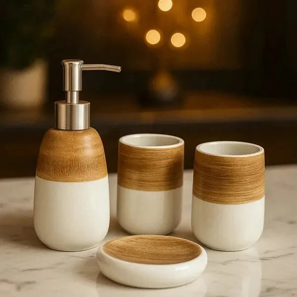Minimalist 4-Piece Ceramic Bathroom Set with Wood Finish