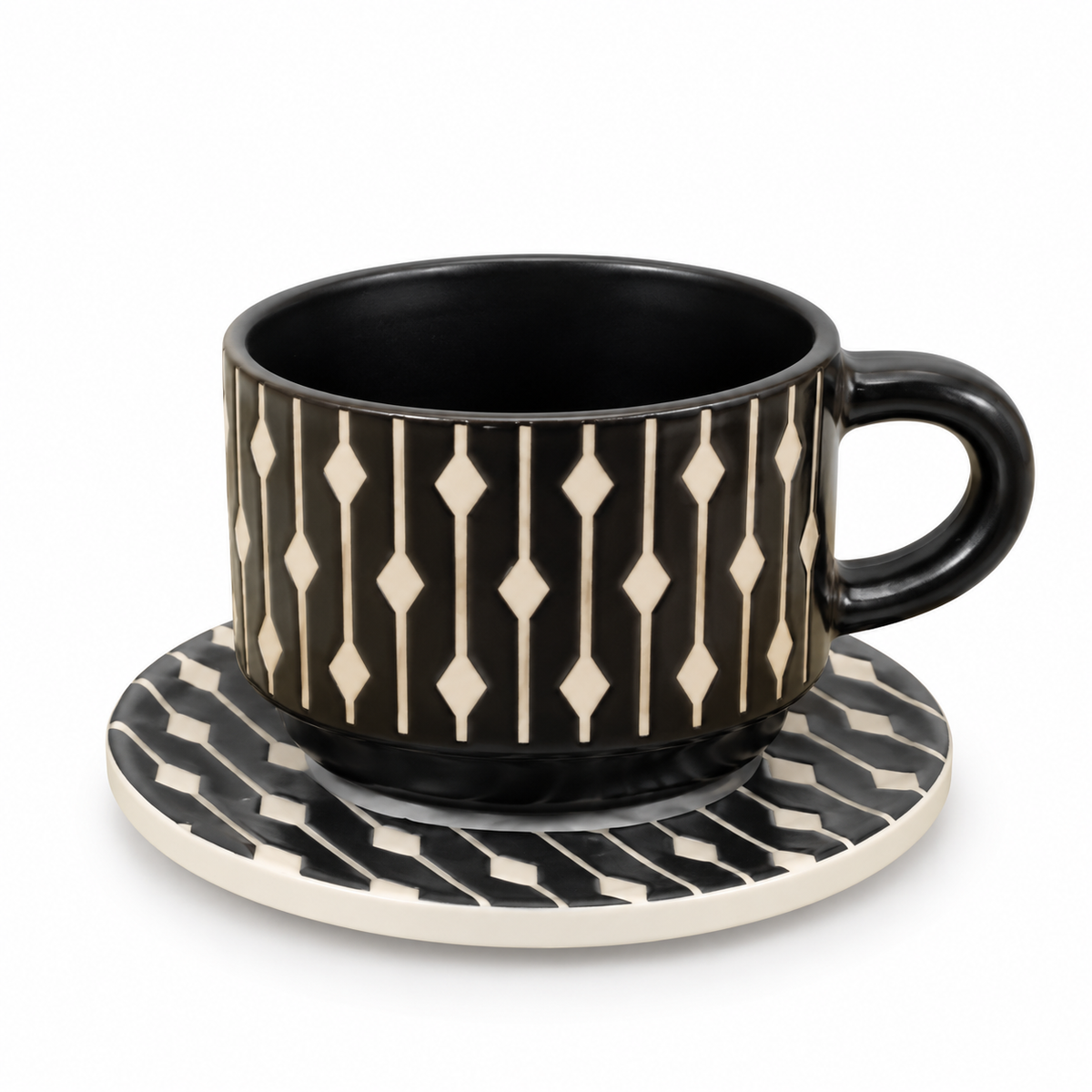 Danny Home Ceramic 12-Piece Black Diamond Line Pattern Cup & Saucer Set