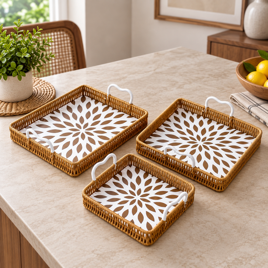 Royal Woven Floral Tray Set – 3 Pcs