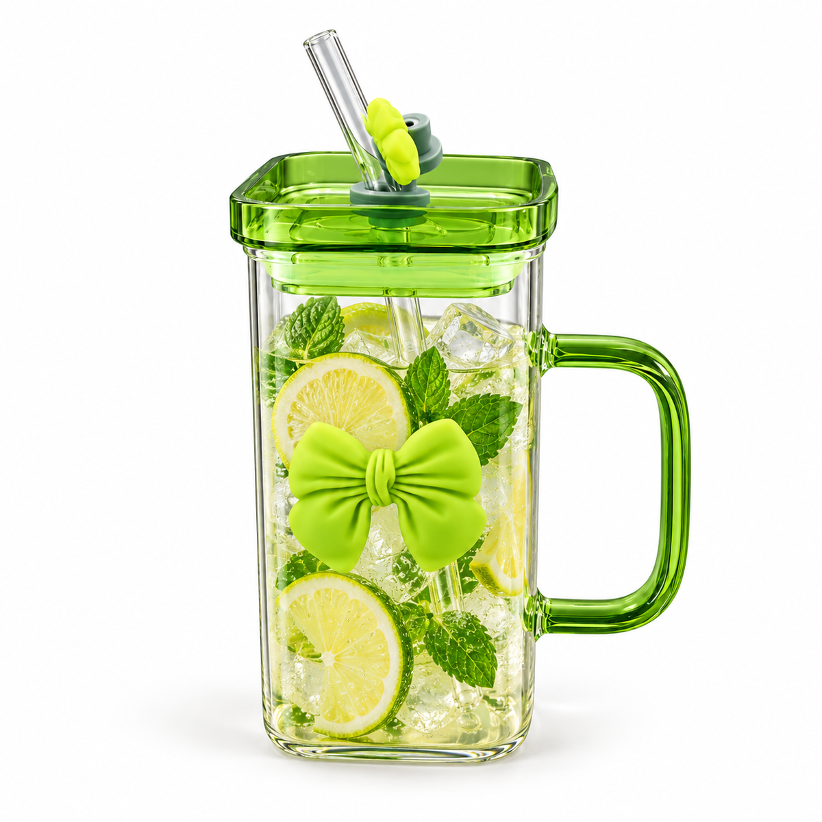 Lime Green Cute Bow Glass Tumbler with Straw – 380ml