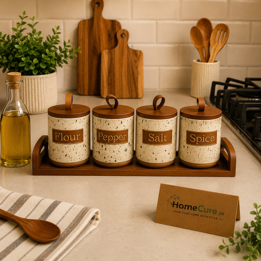 4-Piece Ceramic Kitchen Storage Jar Set with Bamboo Lids & Wooden Tray | Flour, Pepper, Salt & Spice Canisters