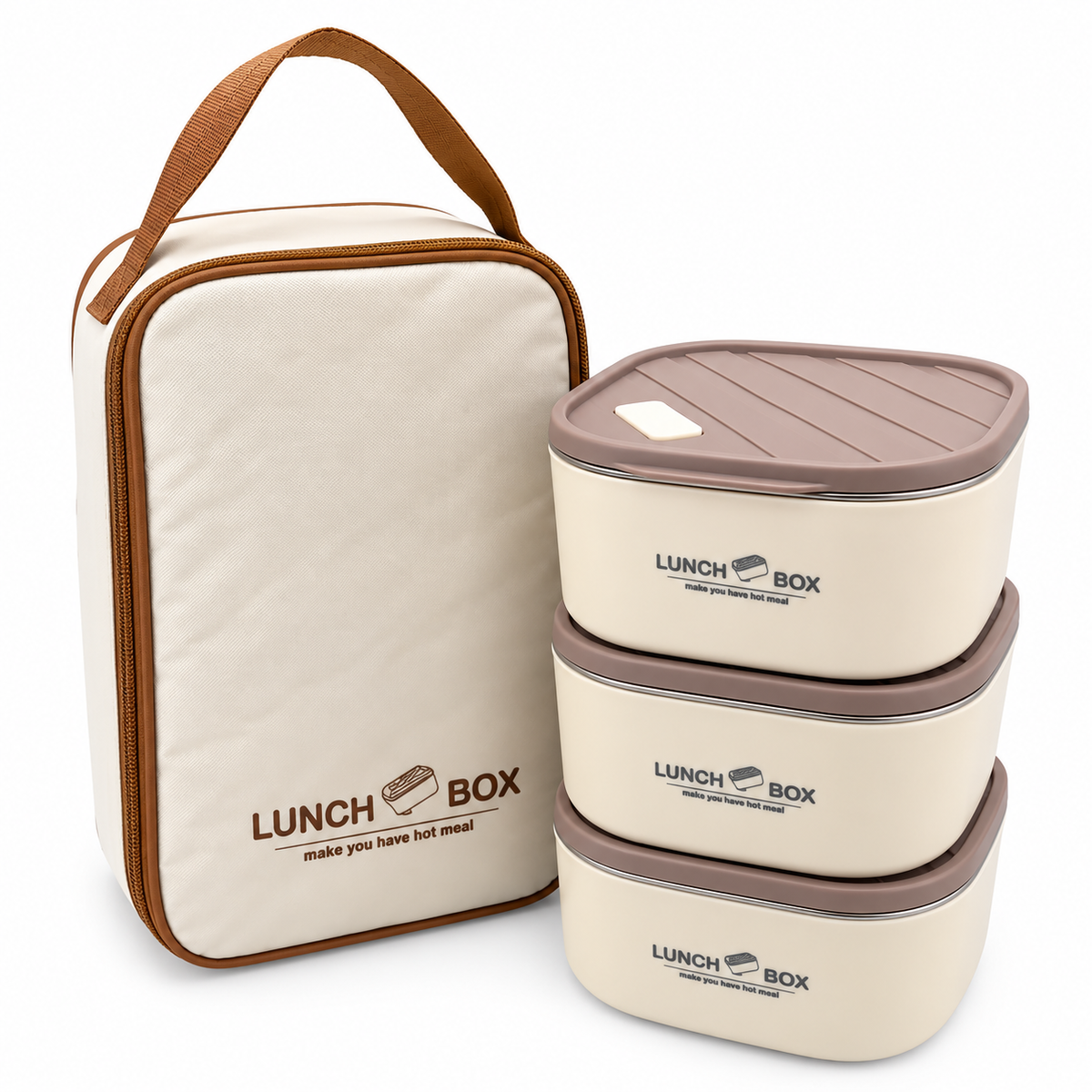 3-Piece Rectangular Lunch Box Set with Insulated Meal Bag | Cream & Brown