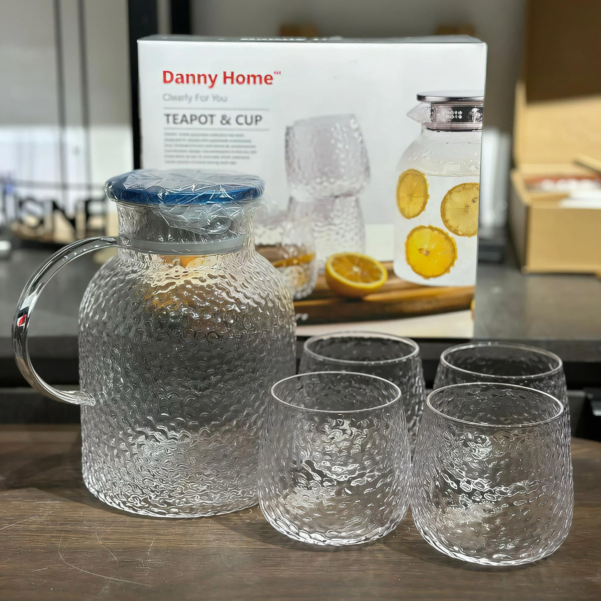Danny Home 5Pcs Teapot & Glass Set - Hammered Texture