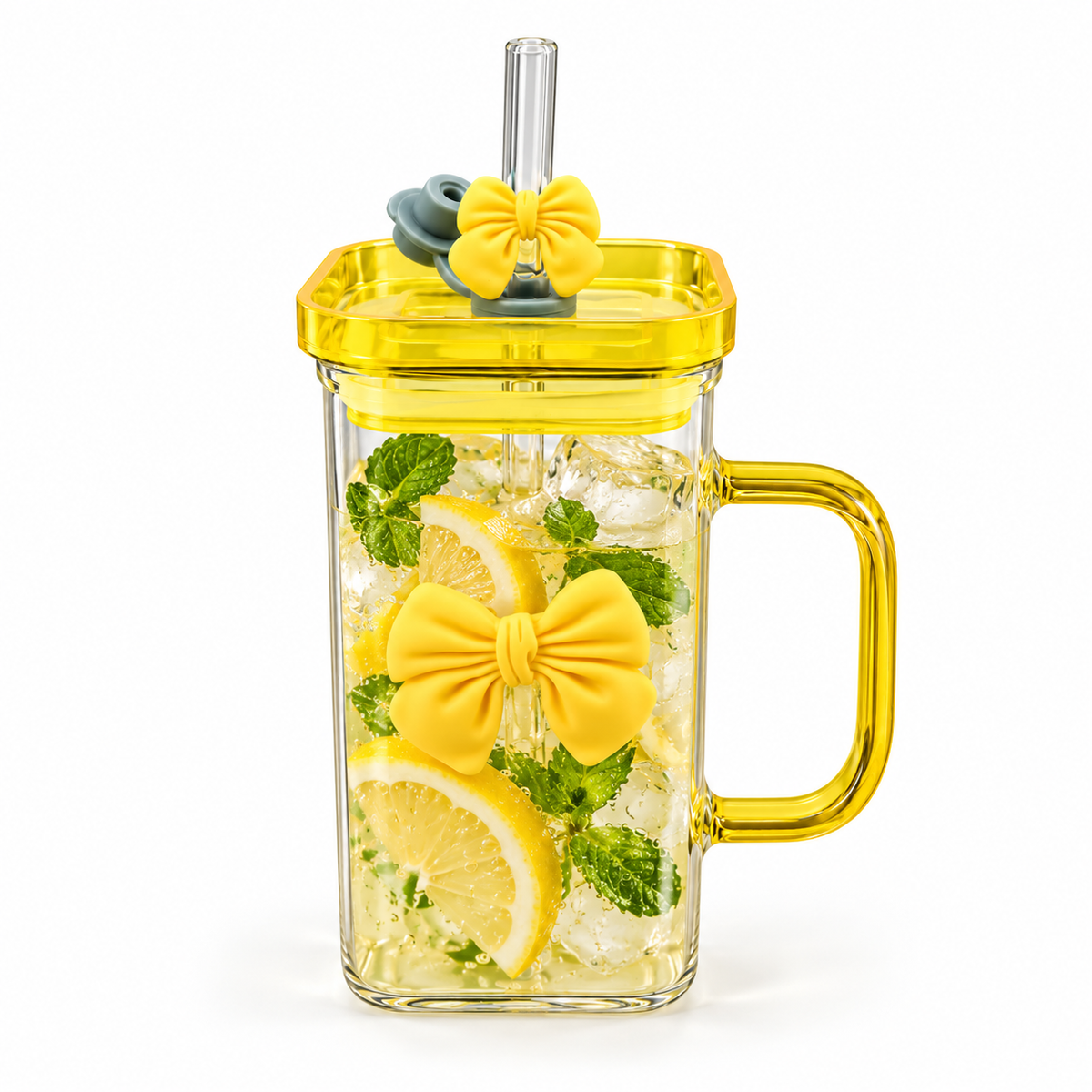 Cute Bow Glass Tumbler with Straw – Yellow | 380ml