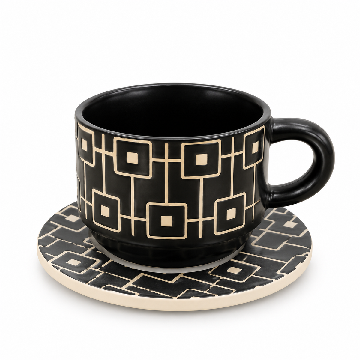 Danny Home Ceramic 12-Piece Black Geometric Pattern Cup & Saucer Set
