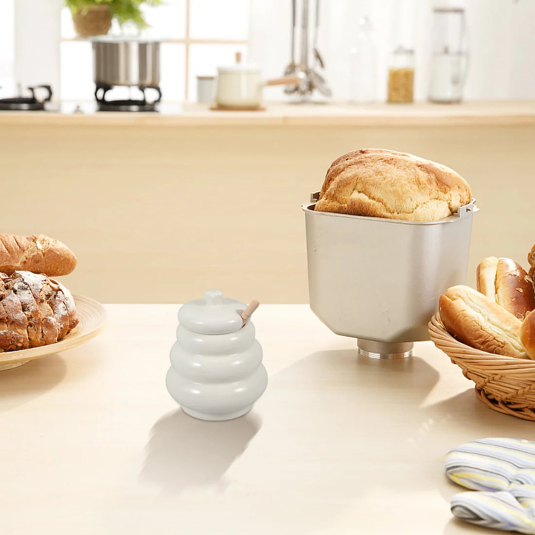 Ceramic Honey Jar with Lid & Wooden Dipper