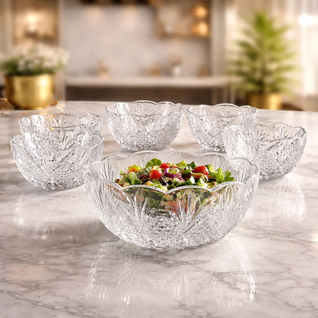 DANNY HOME 7-Piece Crystal Glass Bowl Set – 6 Small Bowls with 1 Large Serving Bowl