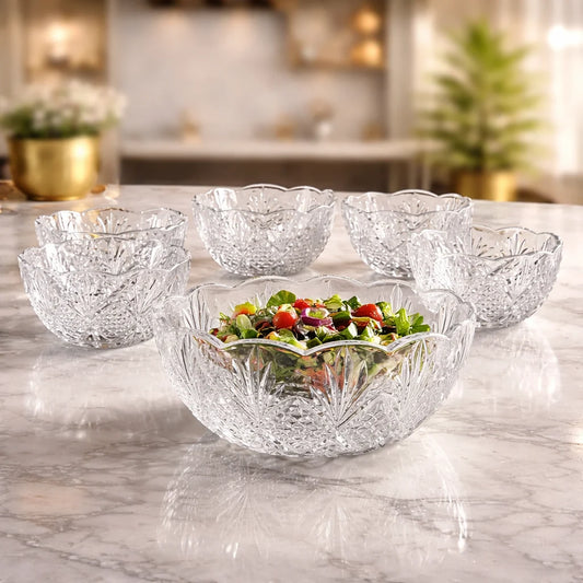 DANNY HOME 7-Piece Crystal Glass Bowl Set – 6 Small Bowls with 1 Large Serving Bowl
