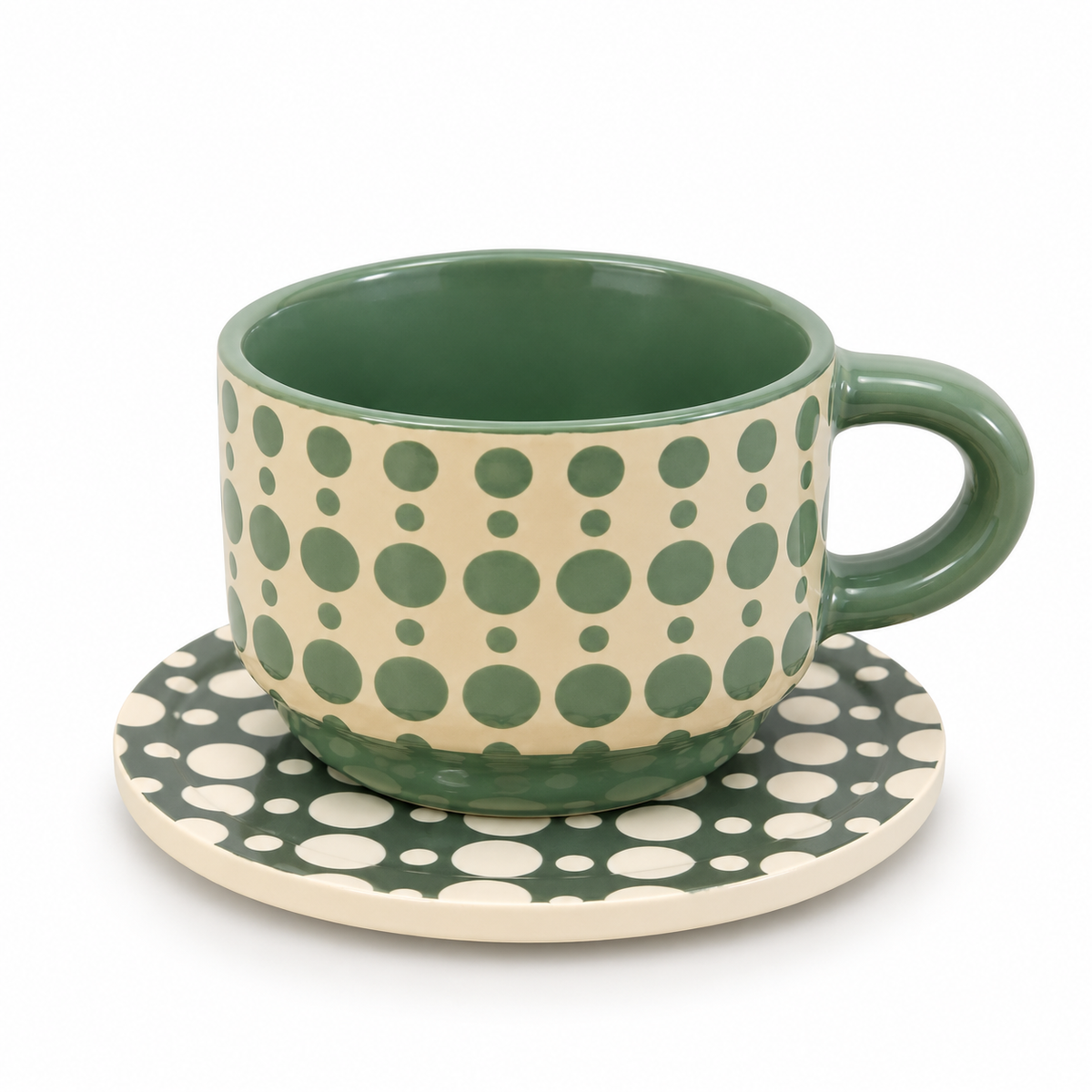 Danny Home Ceramic 12-Piece Green Polka Dot Pattern Cup & Saucer Set