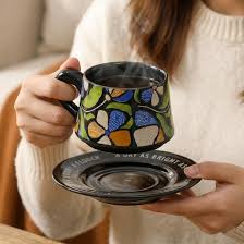 French Retro Ceramic Coffee Mug Cup and Saucer Set Gift Box Packaging