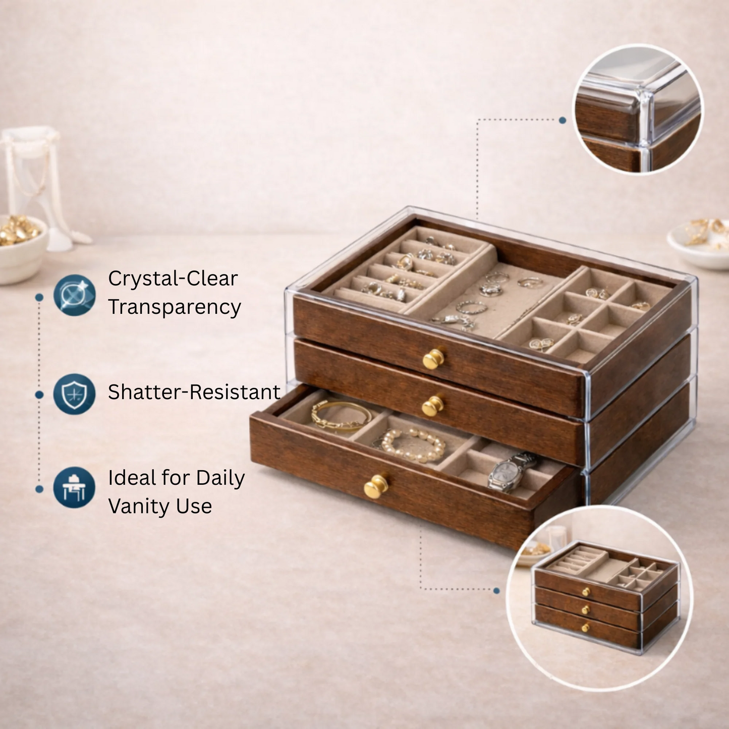Wood & Acrylic 3-Drawer Jewelry Box – Modern Organizer with Clear Storage