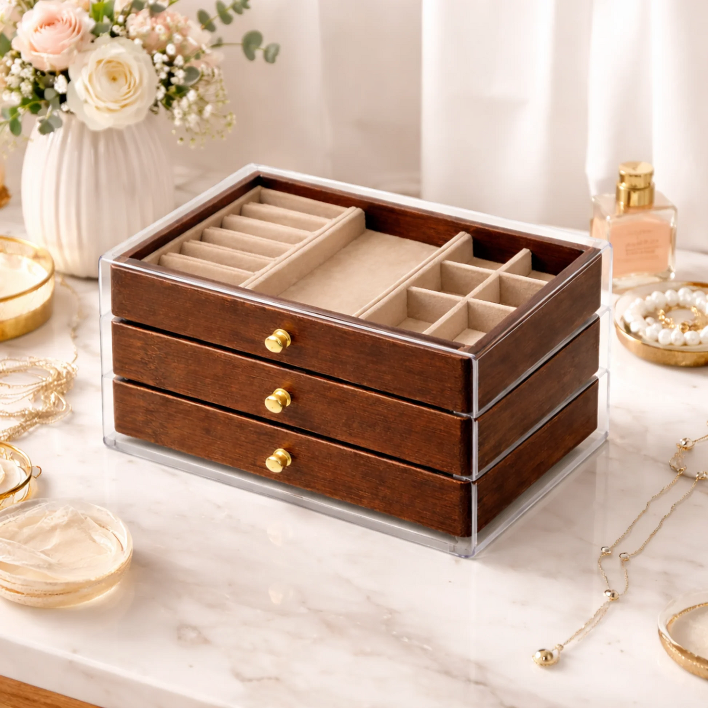 Wood & Acrylic 3-Drawer Jewelry Box – Modern Organizer with Clear Storage