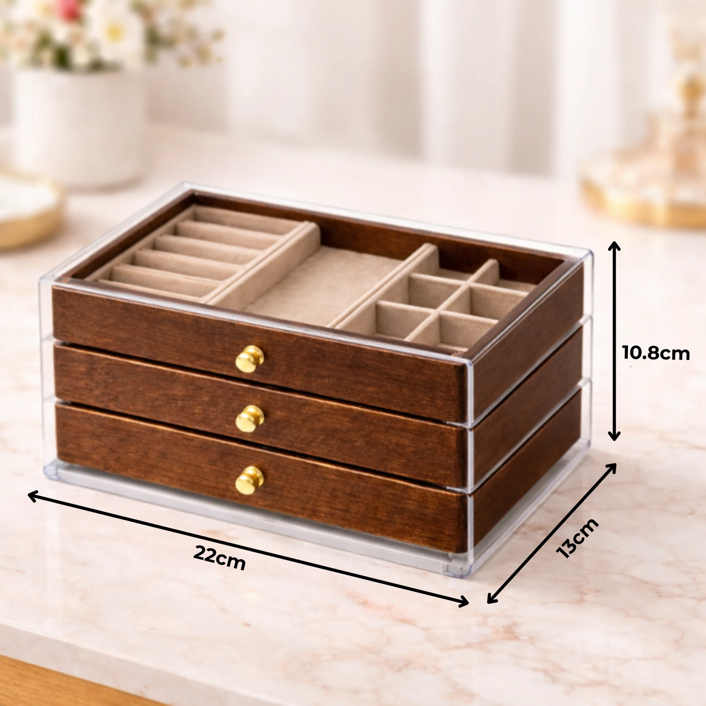 Wood & Acrylic 3-Drawer Jewelry Box – Modern Organizer with Clear Storage