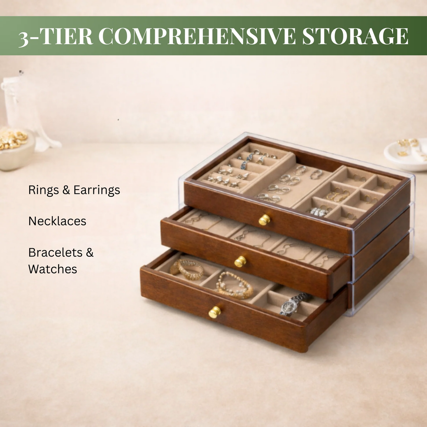 Wood & Acrylic 3-Drawer Jewelry Box – Modern Organizer with Clear Storage