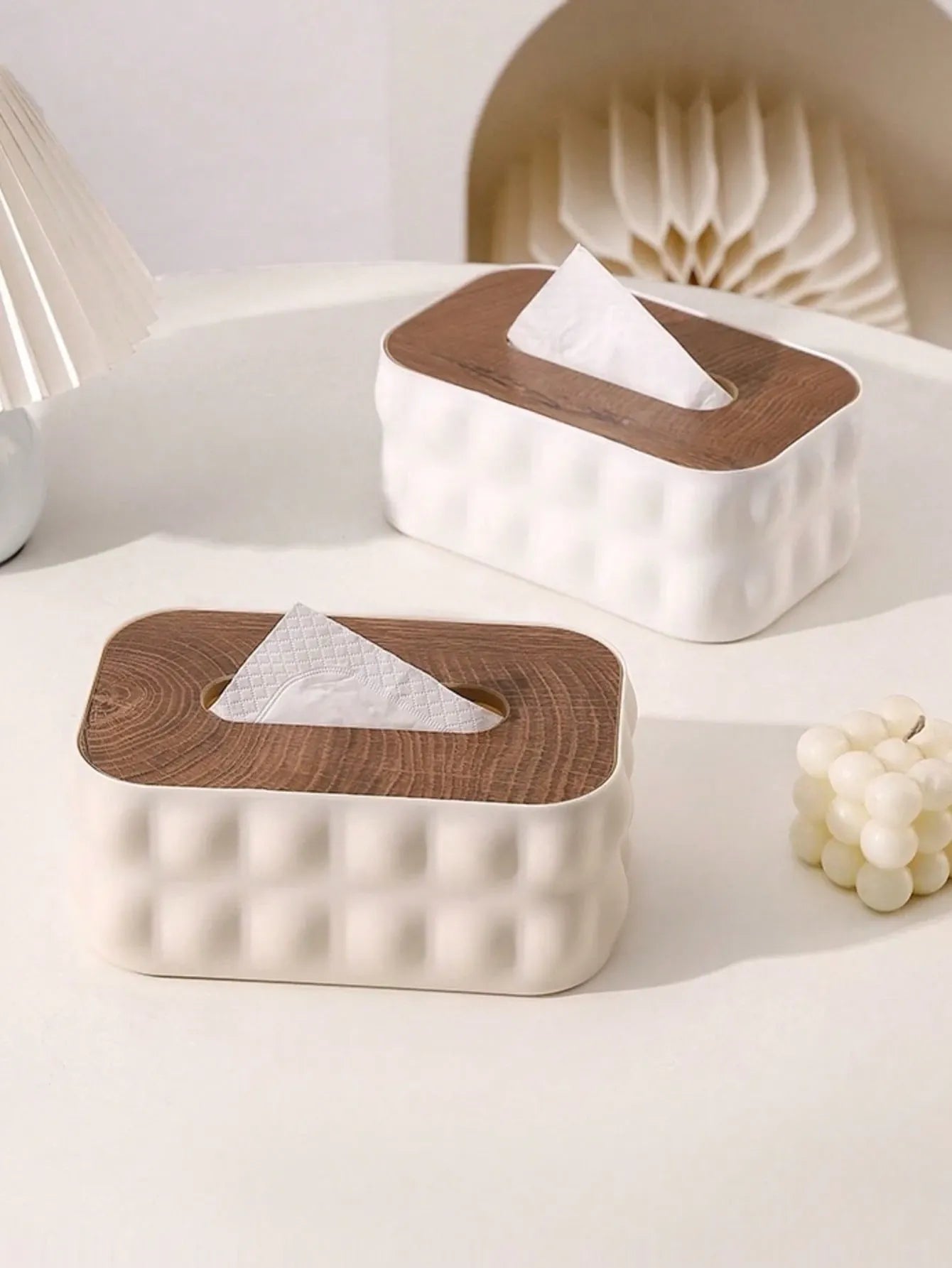 Modern Minimalist Tissue Box Cover – Textured White & Wood Lid