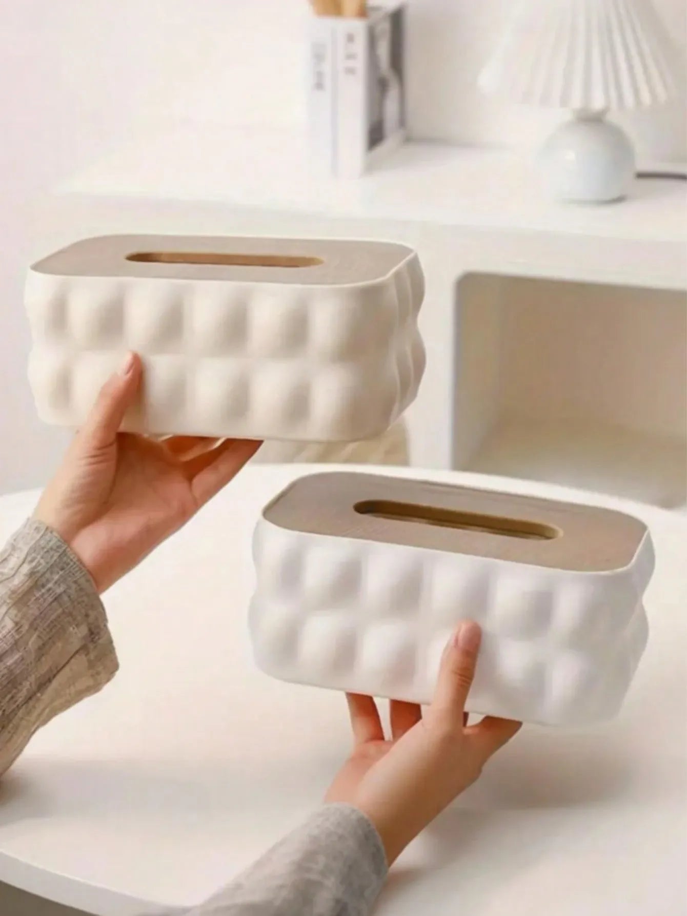 Modern Minimalist Tissue Box Cover – Textured White & Wood Lid