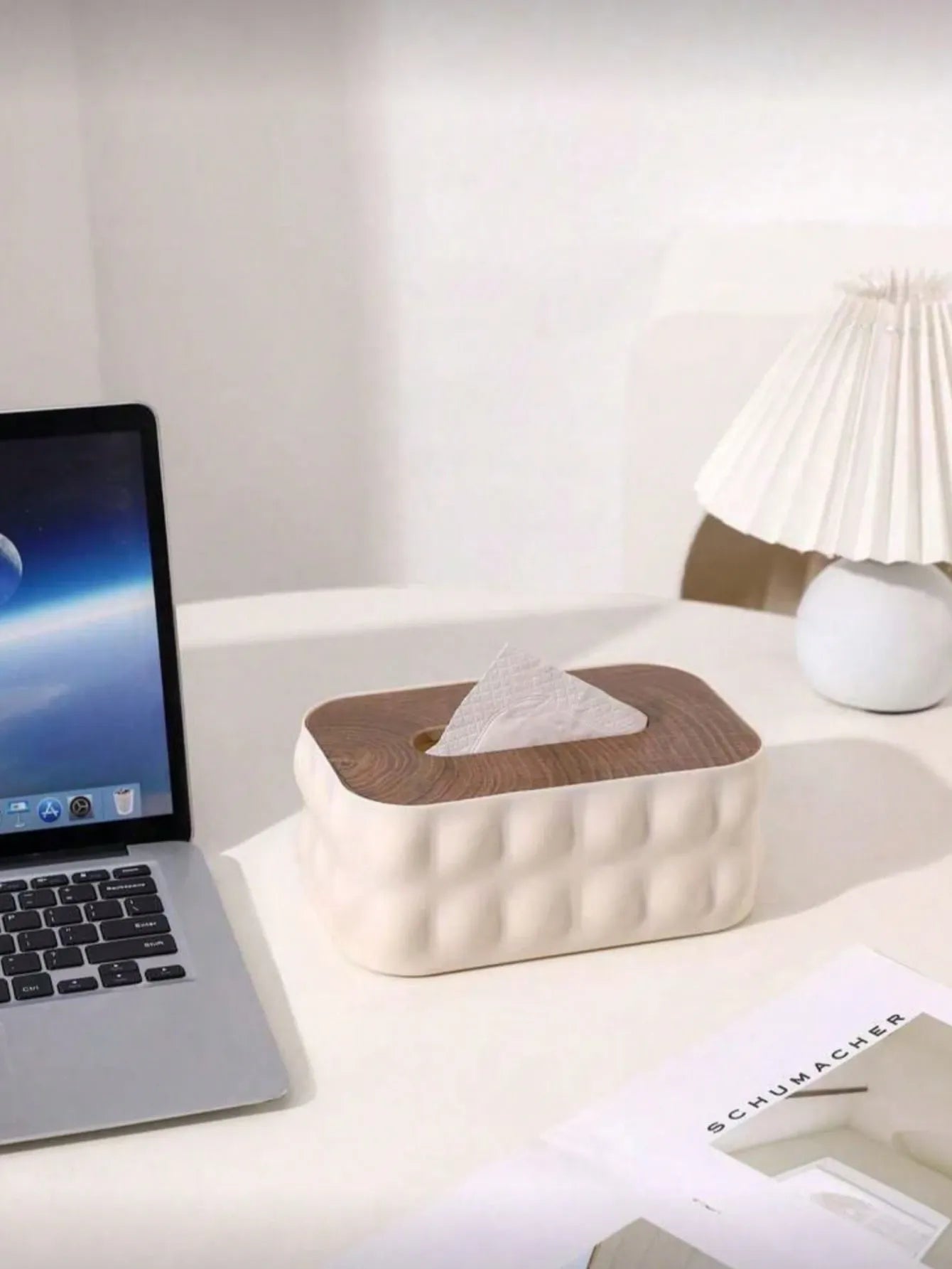 Modern Minimalist Tissue Box Cover – Textured White & Wood Lid