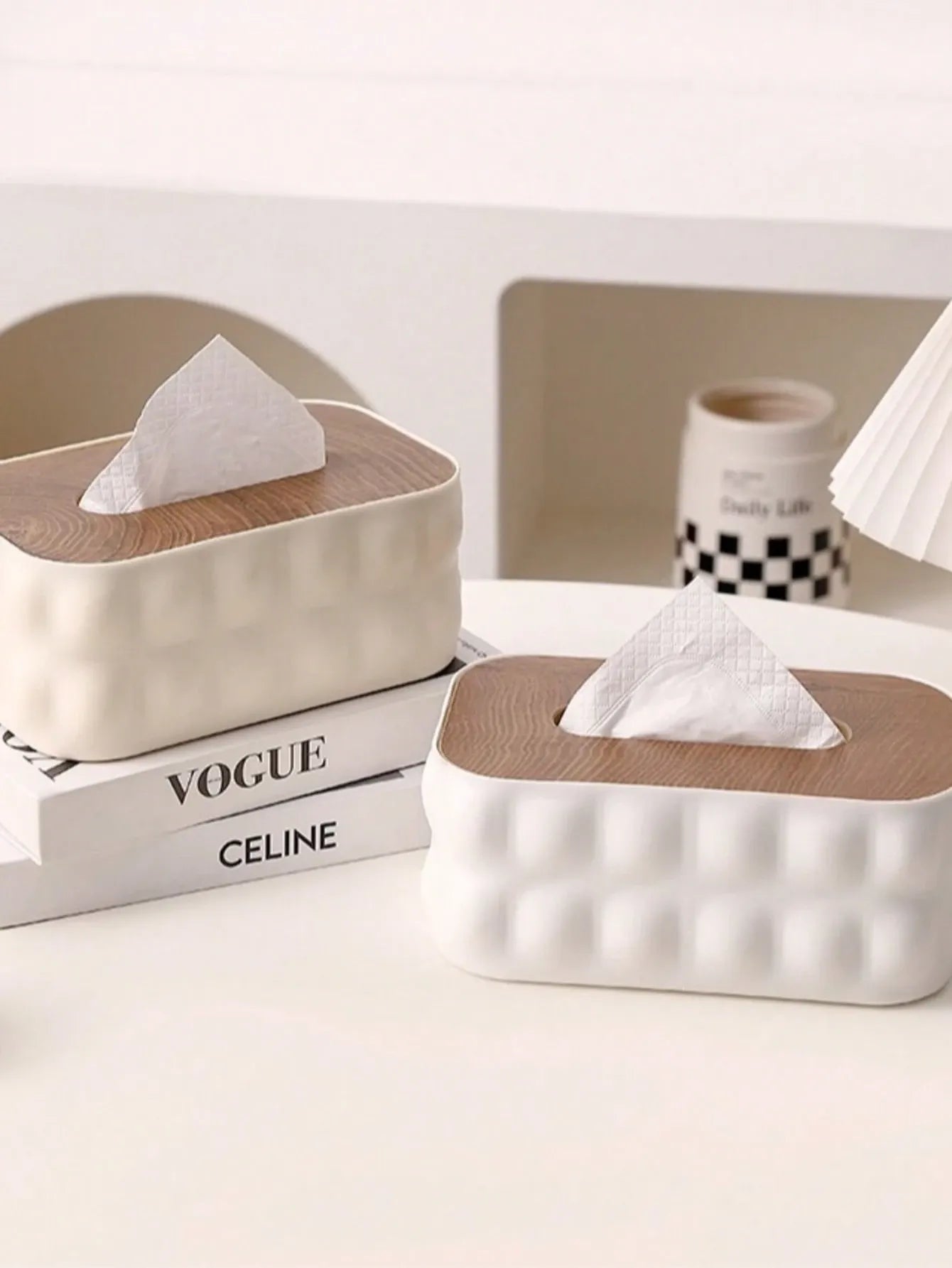 Modern Minimalist Tissue Box Cover – Textured White & Wood Lid