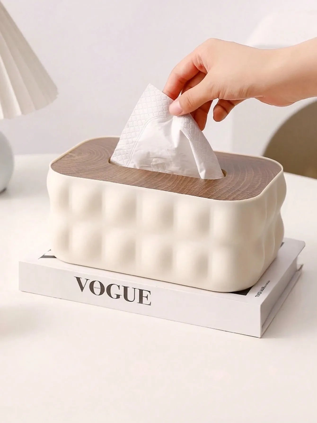 Modern Minimalist Tissue Box Cover – Textured White & Wood Lid