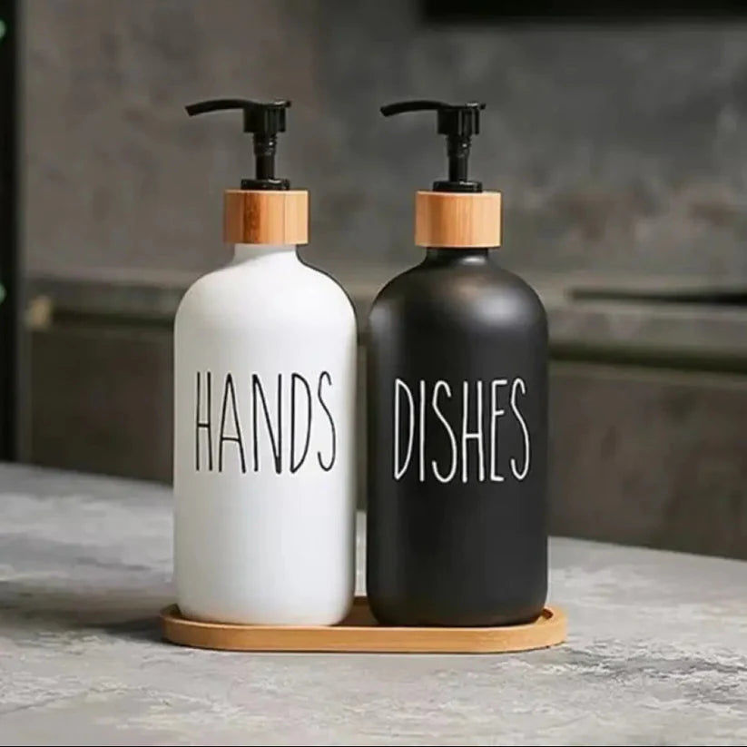 Matte Black & White Soap Dispenser Set with Bamboo Pump