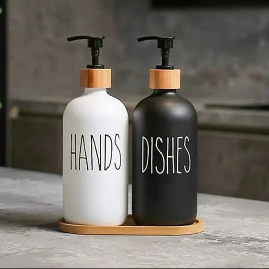 Matte Black & White Soap Dispenser Set with Bamboo Pump